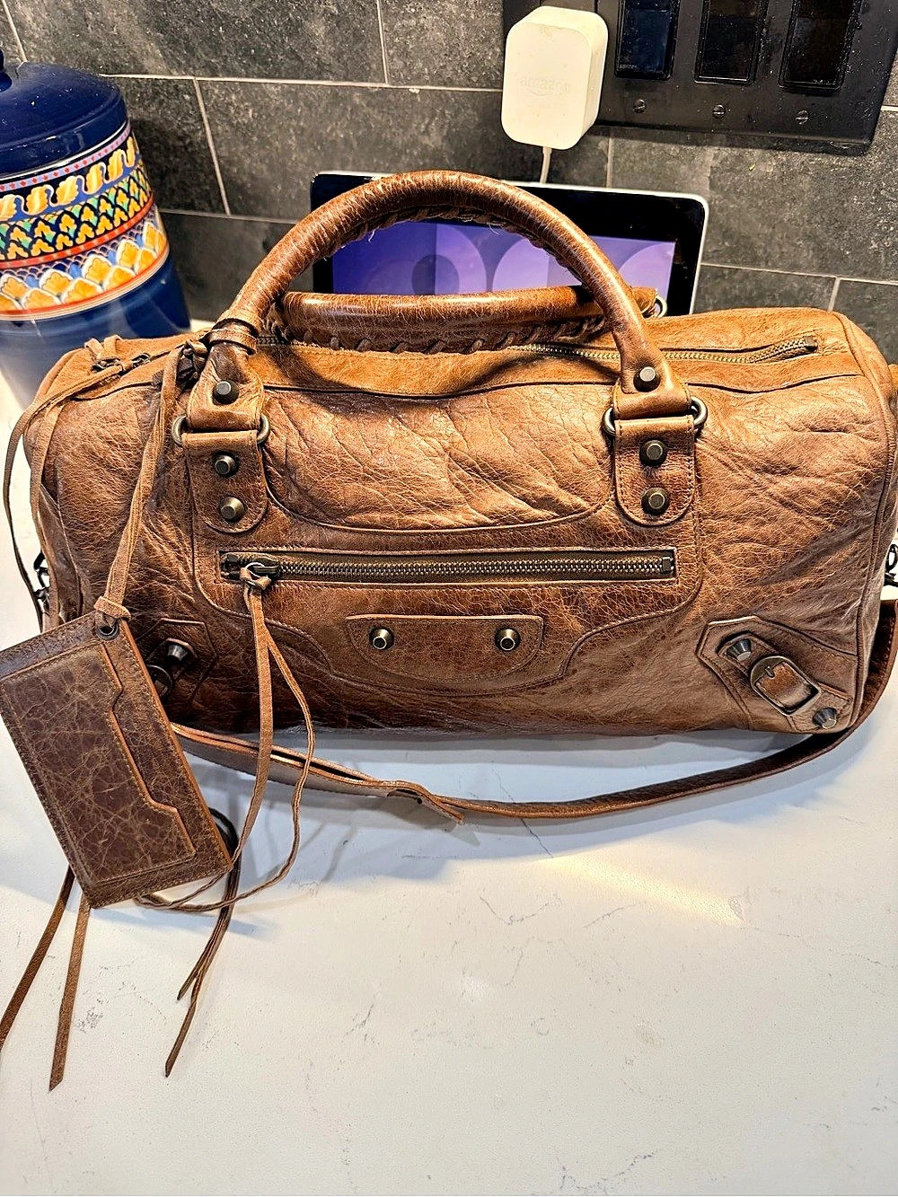 Balenciaga Twiggy Brown Distressed Leather Motorcycle Bag